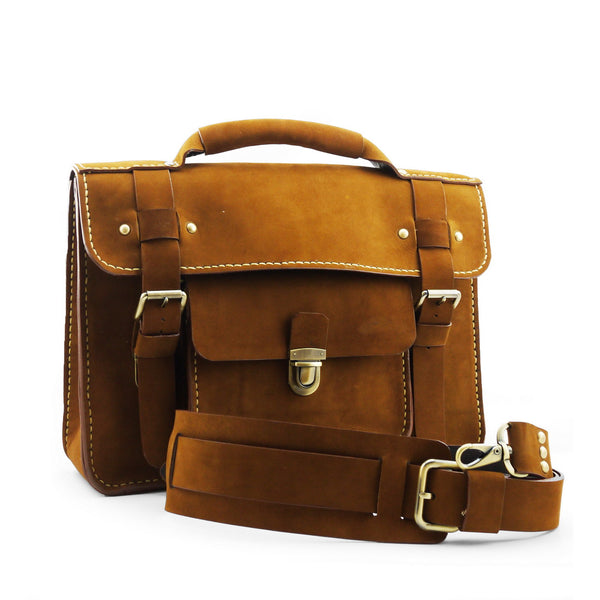 Brown Stone Leather Bag Japanese Large Satchel Natural Tan Nubuck - Assembly Artisans Co.,Ltd.