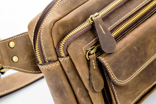 Brown Stone Vintage Leather Chest Bag Dark Nubuck - Assembly Artisans Co.,Ltd.