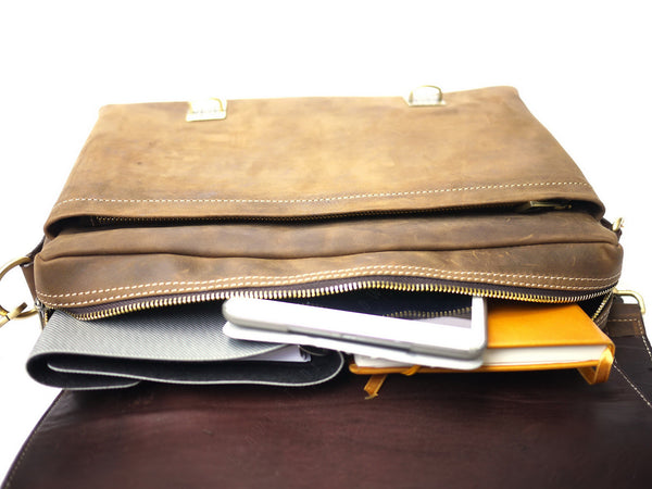 Brown Stone Leather Bag Vintage Satchel Oil Nubuck - Dark Brown - Assembly Artisans Co.,Ltd.