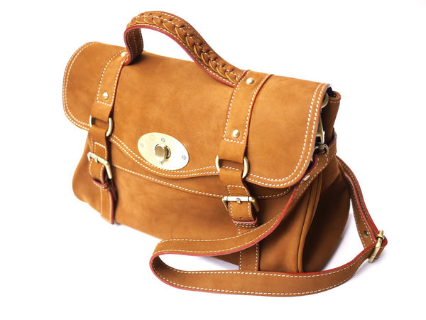 Brown Stone Leather Bag Elexa Satchel Natural Tan Nubuck - Assembly Artisans Co.,Ltd.