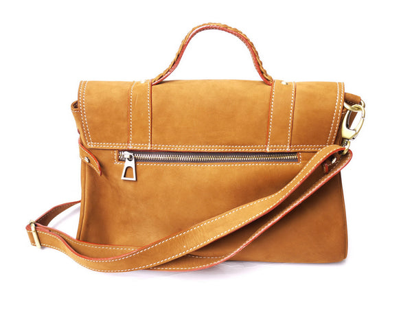 Brown Stone Leather Bag Elexa Satchel Natural Tan Nubuck - Assembly Artisans Co.,Ltd.
