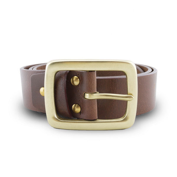 Full Grain Genuine Leather Belt - Milano Tan Narrow Belt Solid Brass Rectangle Buckle - Assembly Artisans Co.,Ltd.